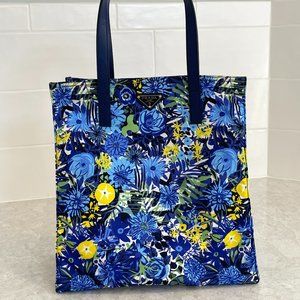 $995 Prada Nylon Floral Print Blue/Yellow Tote Bag